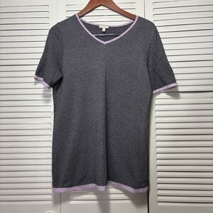 Talbots Striped Contrast Trim Short Sleeve Sweater Top Black & Lavender 1X